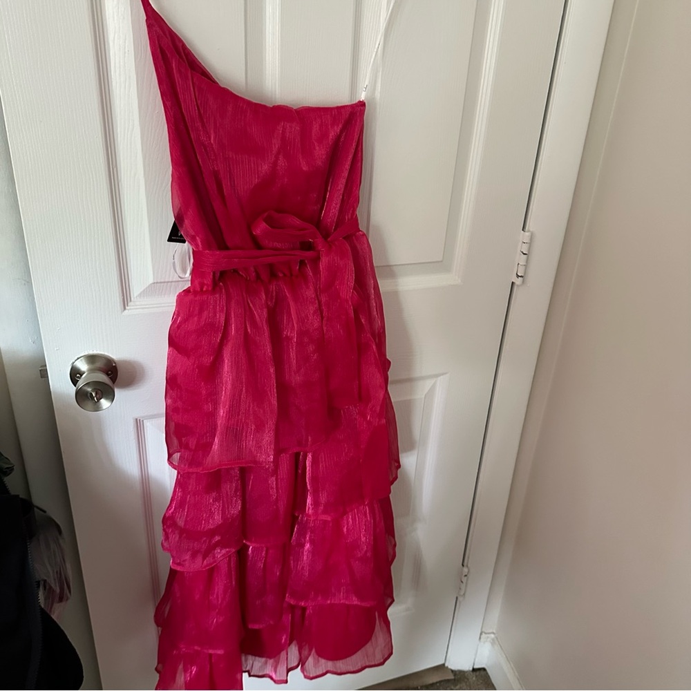 One Shoulder Pink Ruffle Dress